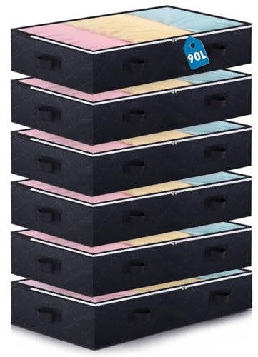 Boic 6 Packs Large Underbed Storage Bags, 90l Under Bed Storage Box With Lid, Foldable Underbed Storage Boxes Clear Plastic Storage Bags Clothes Storage Bag For Quilts, Blankets & Clothes (Black)