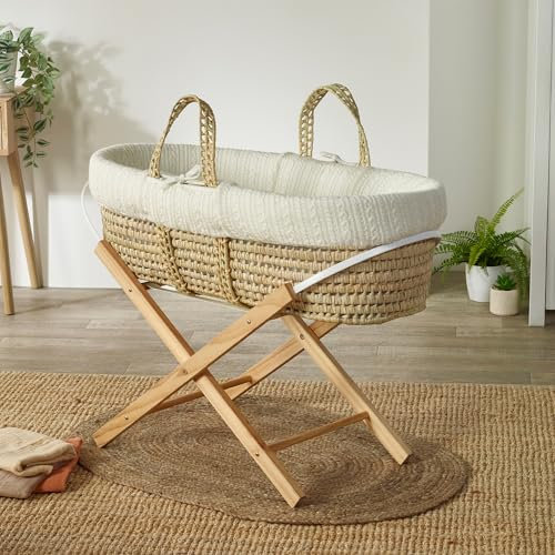 Kinder Valley White Knitted Moses Basket with Natural Folding Stand, Fibre Mattress & Padded Liner