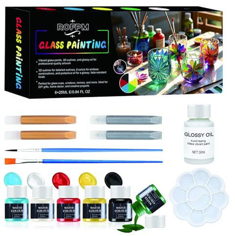 ROFPM Glass Paints for Glass Painting, Glass Painting Kit, Stained Glass Paint, Glass Kits for Adults, Stained Paint for Crystal, Window and Wine, Bright Colors, Strong Covering