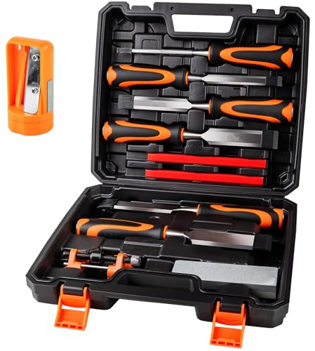 Yunziling 10Pcs Wood Chisel Sets, 6Pcs Premium Wood Chisels with Honing Guide, Sharpening Stone & Carpenter Pencils, Wood Carving Tools Kit for DIY & Professional Use (6-38mm)