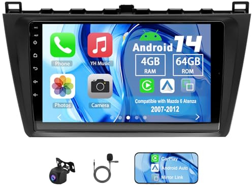 Slakerbe Android 14 Autoradio 2 Din mit Carplay Android Auto kompatibel mit Mazda 6 Atenza 2007-2012, 4G+64G 9 Zoll Auto Radio Stereo mit Bluetooth Navi WiFi FM RDS Rückfahrkamera Mic