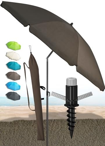 Menz Sonnenschirm Strand Ø 180 cm mit Bodenhülse, UV50+, Fb. Taupe | 3-in-1-Set, Robustem Sonnenschirm + solider Bodenhülse + langlebiger Schutzhülle, Strandschirm windfest stabil