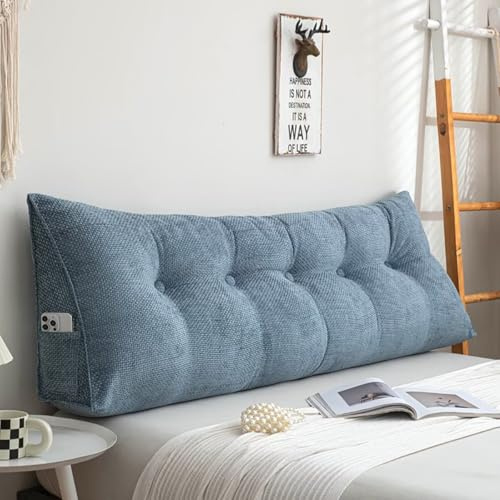 Rückenkissen Bett 140 cm, Lesekissen für Bett und Sofa, Groß Keilkissen Rückenstützkissen mit Abnehmbarem Waschbarem Bezug, Sitzkissen Bett Rücken mit Praktischem Seitenfach,Blau
