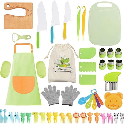 Pixywell Montessori Kitchen Knife Set – 50PCS Kids Safe Chopping Set with Real Cooking Tools, Safety Gloves & Storage Box, Serrated Plastic Knives for Fruits Vegetables, Educational Gift for Ages 4+