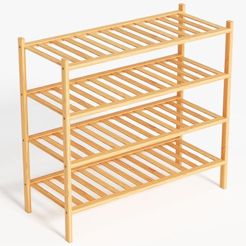 Shoe Rack Wooden - Shoe Storage Organiser - Shoes Rack Shelf Stand | BAM BOO BOX Bamboo Shoe Shelf for Hallway - Wooden Shoes Storage Organiser 68x28x64cm - Stackable 4 Tier Shoe Stand