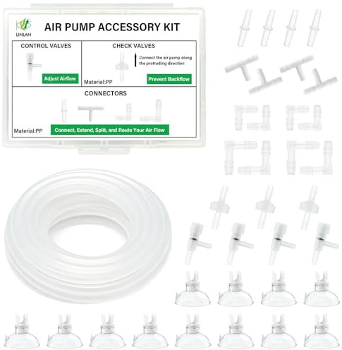 LINLAN 5M 4/6mm Silikon Luftschlauch, mit Aufbewahrungsbox, Aquarium Luftpumpe Zubehör Set, 3 Rückschlagventile, 4 Regelventile, 16 Verbinder, 12 Saugnäpfe, für Aquarium