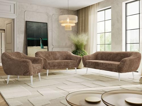 MKS MEBLE Sofagarnitur PIRS 3 + 2 + 1 - Couchgarnitur im skandinavischen Design, Gesteppte Polsterung, Wellenfederung, Wohnzimmer Sofa Set - Weiße Beine, Braun Cord