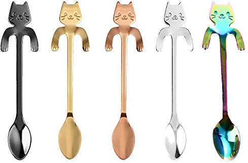 Cuchara de Café Gato, 5 piezas Acero Inoxidable que Cuelga la Cucharilla del Café, Mini Diseño del Gatito que Revuelve la Cuchara para Té, Leche, Café, Postre, Bebida, Batido de Leche (5 Colores)