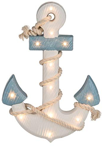 CBK-MS. Maritime Shabby Dekoration Holz Anker blau/Weiss mit Seil und LED Beleuchtung 12 LEDs warmweiss