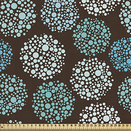 ABAKUHAUS Brown und Blau Gewebe als Meterware, Punkte und Kreise, Dicht Gewebter Stoff zum Nähen Polster Wohnaccessoires, 3M (148x300cm), Türkis Weiß Braun