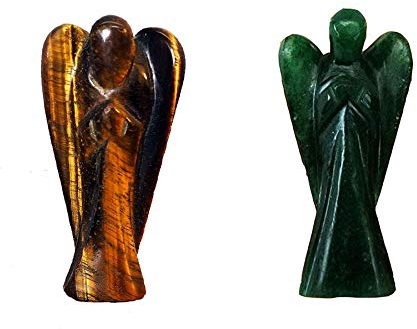 WC_1 Tigerauge-Engel + 1 grüner Jade-Engel Figure_Gardian_Angel_Carved Mini-Kristall-Edelstein-Taschenstatue für Liebe, Frieden und Heilung