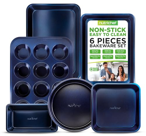 NutriChef Backformen-Set 6-teilig – Blau Antihaft Backblech, Auflaufform & Kuchenformen Spülmaschinenfest Ofenfest bis 230 °C| Stapelbar & platzsparend Für Brot, Muffins & Lasagne