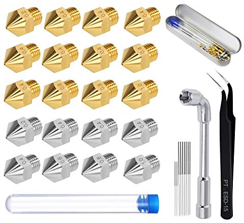 Telgoner 20pcs 3D Printer Nozzle Kit, 12x Brass+ 8x Stainless Steel MK8 Nozzles For 0.2mm 0.4mm 0.6mm 0.8mm 1.0mm Extruder Print Head with Nozzle Cleaner Tool for Creality CR-10 / Ender 3/5