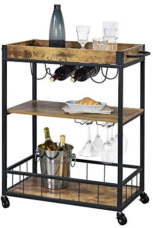 Chariot de Service Roulant Desserte Cuisine avec Range-Bouteilles Range-Verres Plateau Amovible Roulettes Vérouillables Panneau de Particules Métal Plastique 89,5 x 67 x 40 cm Bois Foncé Noir