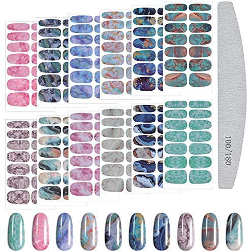 TOROKOM Full Wrap Nail Stickers Polish Strips, Marble Print Gel Polish Stickers Wraps Self-Adhesive Nail Decals with Polish File for Women Girls Manicure Decorations (12)