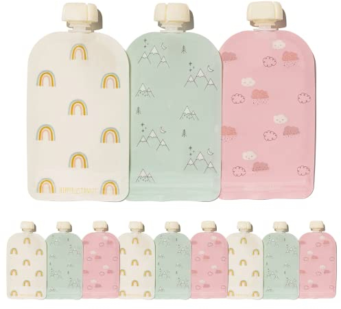 Hippypotamus Wiederverwendbare Babynahrungsbeutel – 12 Stück – Babynahrungsaufbewahrung – Beutel für Kleinkinder – nachfüllbarer Quetschbeutel für Kinder (Salbei/Blush/Nude)