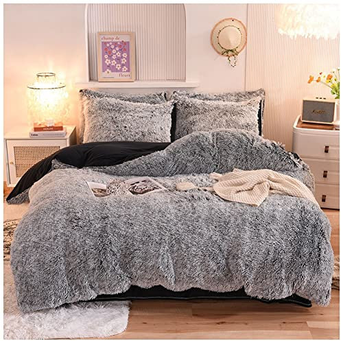 Set di Biancheria da Letto con Copripiumino Lenzuolo e Federa Coordinata, in Caldo e Morbido Pile Effetto Peluche Set Completo Copripiumino Matrimoniale,Nero,220 * 240cm