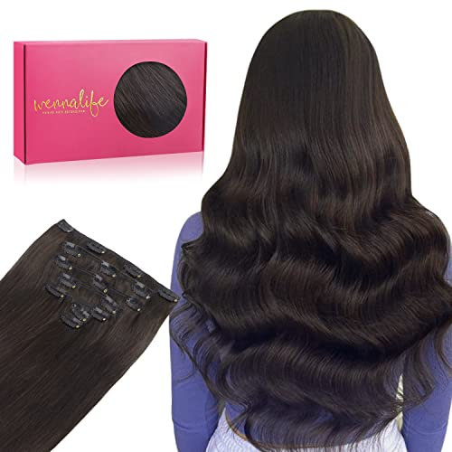 WENNALIFE Extensiones de Clip de Pelo Natural, 50cm 70g 7 Piezas Castaño Oscuro Extensiones de Clip Natural Remy Cabello Humano Extensiones Pelo Natural Extensiones de Clip