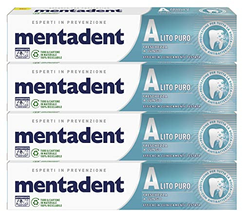 4x Mentadent Alito Puro Dentifricio con Microcapsule Purificanti - 4 Flaconi da 75 ml ognuno