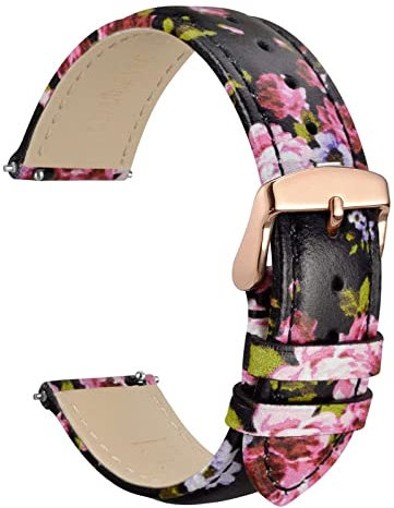 WOCCI 20mm Blumen Uhrenarmband für Damen, Echtes Leder, Schnellverschluss, Roségoldener Schnalle (Fuchsia Pfingstrose)