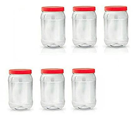 AFSUK 6 X 1500ml Plastic Storage Jar with Screw Top Lids Red Airtight Food Storage Containers BPA Free For Kitchen, Herb, Spices, Sweets Clear Round Large Canister pots