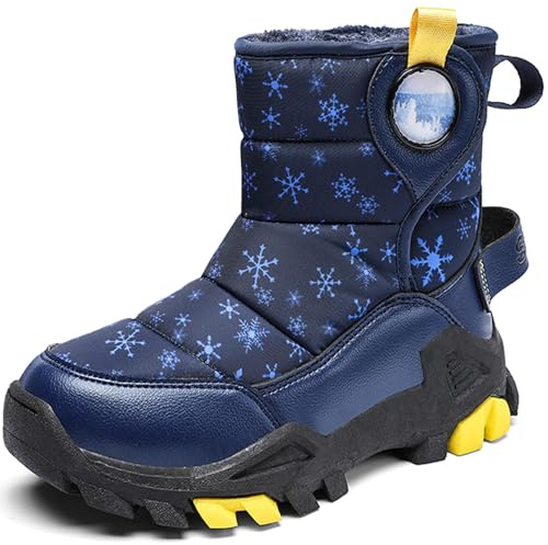 HSNA Chaussures d'hiver pour Enfants Garçons Filles Doublure Chaude Bottes de Neige Antidérapante(Bleu foncé 34 EU)