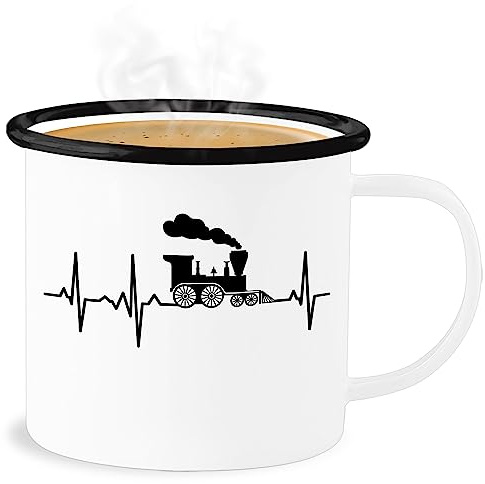 Emaille Becher Blechbecher - Deko Tasse Hobby - Dampflok Herzschlag I Dampflokomotive Geschenk Eisenbahner Eisenbahnliebhaber - 300 ml - Weiß Schwarz - zug tassen eisenbahn eisenbahnfan