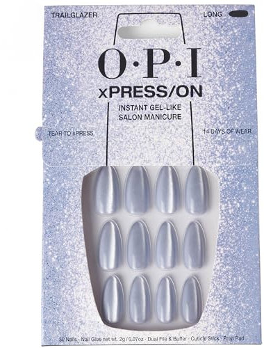 OPI xPRESS-ON Trailglazer - Blue Velvet Long and Almond Shaped Press On Nails - With Nail Glue - Long Lasting, Reusable and Non-Damaging False Nails