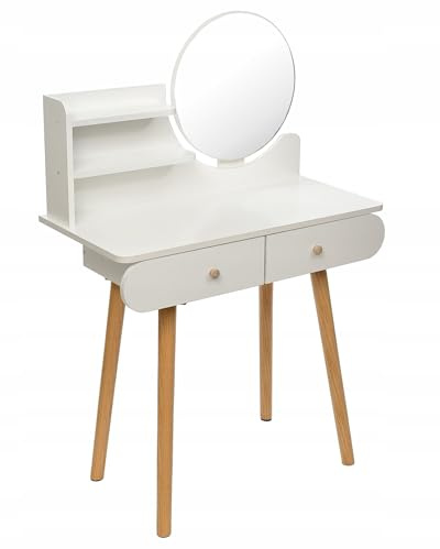 JUMI Schminktisch 80 cm breit mit Spiegel Rund 40 cm - Aesthetic Make Up Tisch mit Praktische Regale, Frisiertisch Modern, Skandinavischer Stil : Weiß