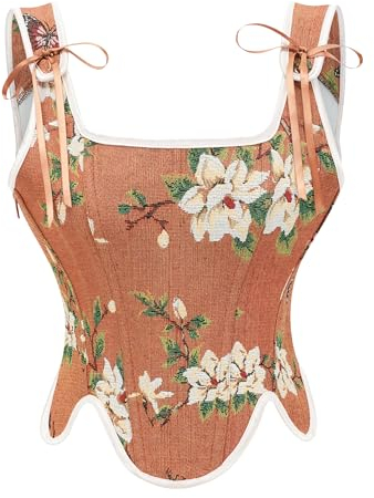 Bslingerie® Women Gothic Vintage Victorian Butterfly Print Renaissance Bustier Corset (M, Brown Floral)