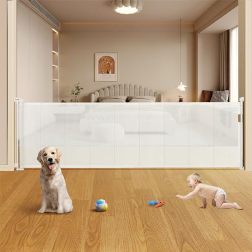 VEVOR Retractable Baby Gate, 34.2 Tall Mesh Baby Gate, Extends up to 116.1 Wide Retractable Gate for Kids or Pets, Retractable Dog Gates for Indoor Stairs, Doorways, Hallways, Playrooms, White