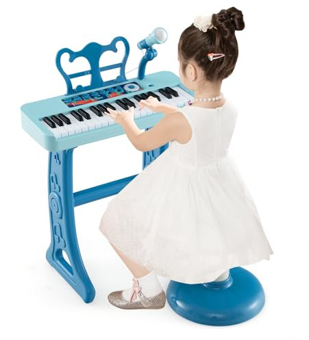 DREAMADE Clavier de 37 Touches pour Enfants 3+ Ans, Piano Jouet Musical Électronique avec Microphone, Tabouret Confortable, Pupitre de Musique Amovible (Bleu)