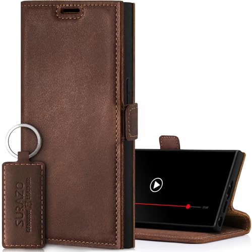 SURAZO Slim Magnet Handyhülle für Samsung Galaxy S24 Ultra Hülle Leder – Klappbare Echtleder Schutzhülle [Kartenfach, RFID Schutz] Flip Klapphülle Wallet Case Cover Lederhülle (Nussbraun)