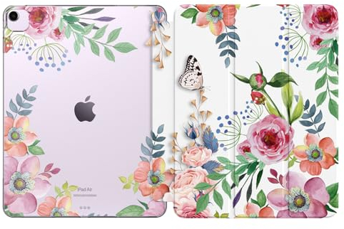 MoKo Hülle für iPad Air 13 Zoll M3 2025/M2 2024, iPad Air 13 Zoll mit weicher, transparenter, gefrosteter TPU Rückseite, Slim Smart Folio Schutzhülle, Auto Schlaf/Aufwach, Duftende BlumeHülle