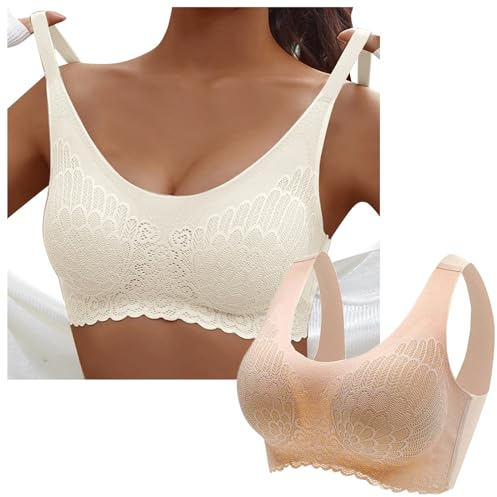 Sunnyuk 2er Pack BH Damen Ohne Bügel Push Up Seamless Komfort Sport BH Gepolstert Spitzen Bra Weich Nahtlos Stretch Bustier Mittel Halt Bügelloser Schlaf BH Klassische Top für Alltag Yoga Damen
