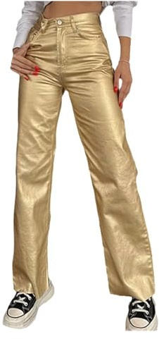 CUOREZ Primavera Autunno Sciolto Gamba Larga Tubo Dritto Oro Argento Pantaloni Lunghi Pantaloni, dorato, M