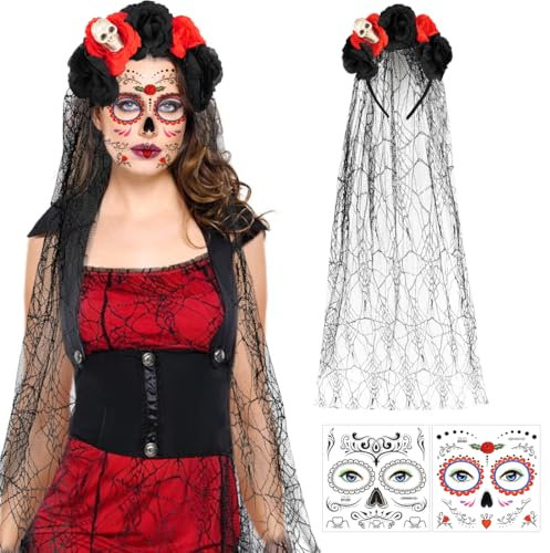 Tag Der Toten Kostüm Damen, Dia De Los Muertos Haarreif Schleier, Halloween Kopfschmuck, Schwarzen Rosen Totenkopf Haarband mit Gesicht Tattoos, Haarband für karneval Fasching Maskerade Cosplay