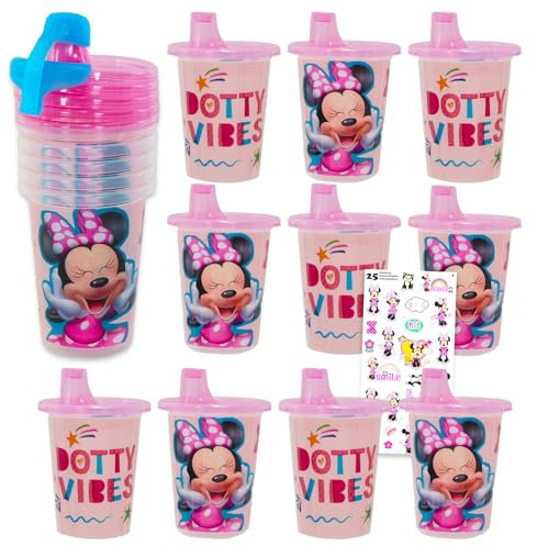 Disney Minnie Mouse - Juego de 10 vasos para sorber de Minnie Mouse con 10 vasos de Minnie Mouse a prueba de derrames, a prueba de fugas, sin BPA, además de tazas para beber con calcomanías de Minnie