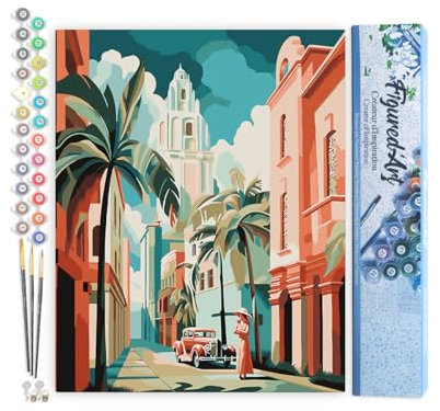 Figured'Art Peinture par Numéro Adulte Cuba Art Déco - Activité Manuelle Kit de Loisir Créatif DIY Numéro d'Art Complet - 40x50cm sans châssis en bois