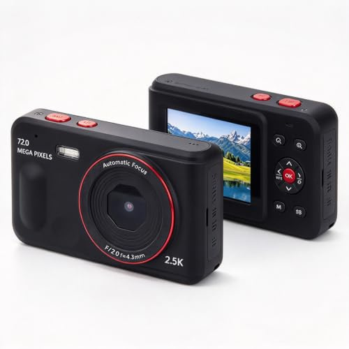 Digitalkamera, 72 MP, 2,5 K, 16-Fach Zoom, Autofokus, Anti-Shake, Tragbare Kompaktkamera für Kinder und Studenten, Vlogging, Selfie, 2,4-Zoll-Bildschirm, Schwarz