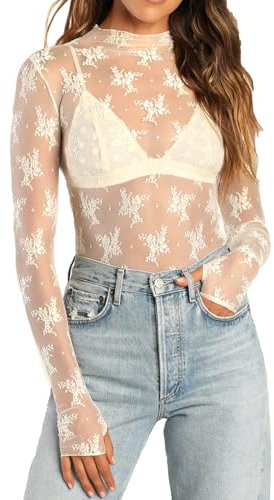 YILEEGOO Women Long Sleeve Tops Floral Print Mesh See-Through Mock Neck Casual Shirts Slim Fit T-Shirts (ACreamy-White, L)