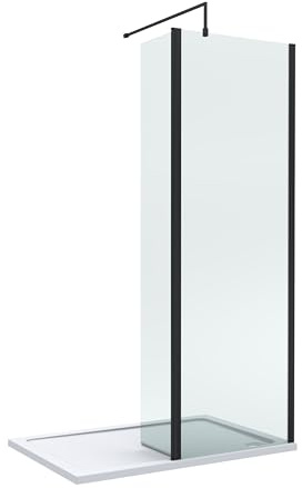 Balterley Wetroom Screen with Return Screen, Support Bar & Tray, Hinged Shower Glass, Support Bar Kit, White Rectangular Shower Tray, Toughened Safety Glass Screens with Arm Bracket (Black)