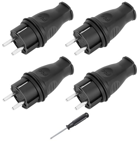 4 Piezas Enchufe Schuko de Goma con Destornillador, Clavija 250V, 16A y 3,5KW, IP44 Enchufe Exterior Estanco, Clavija Macho, Enchufe de Contacto de Protección, Para Exteriores, Irrompible, Negro