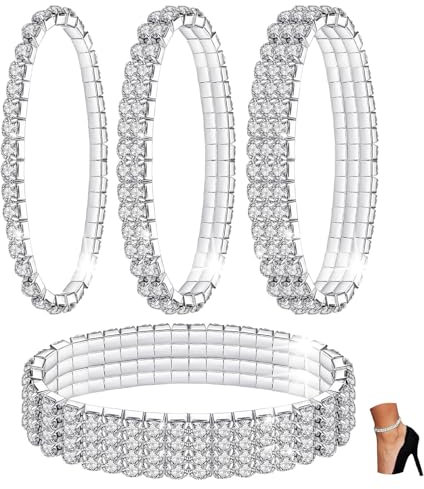 Kucheed 4 Stücke Funkeln Diamant Fußkettchen für Frauen, Elastischer Kristall Silber-Ton Funkelnde Charm Fuß Schmuck Armreif,Bling Glänzende Strass Braut Tennis Armband Geschenk (A2)
