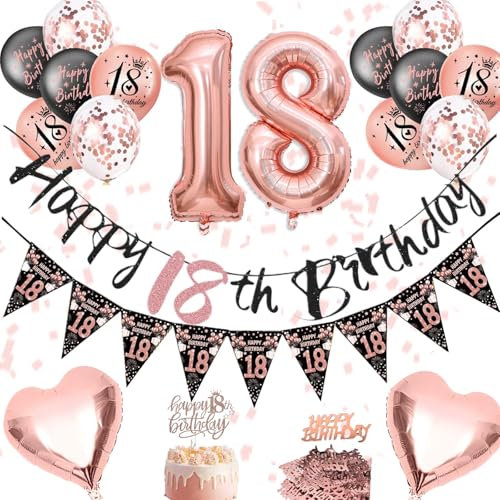 18. Geburtstag Mädchen Deko - Schwarz Rosegold Party Geburtstagdeko zum 18 Geburtstag Banner, Luftballon, Spiral Wirbel Geburtstags Girlande, Tortenstecker Geburtstags Dekoration für Mädchen