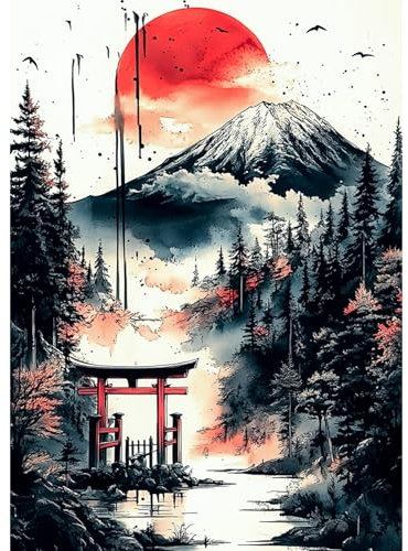 Diamond Painting Erwachsene, Japanische Stil-Landschaft, Diamant Painting Bilder Heilige Shinto-Tore, 5D Diamond Painting Set für Anfänger, DIY Mosaikherstellung Bastelset für Haus Wanddeko 30x40cm