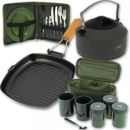 Cooking Kit for Anglers Mugs, Plates, 1.1l Kettle, Pan & Daily Cutlery Set Perfect for Outdoor Picnics Hiking Carp Coarse Fishing