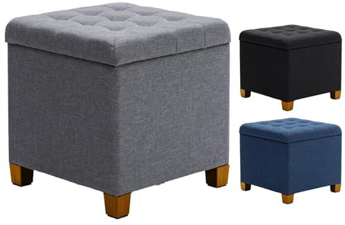 A406 Square Ottoman Storage Padded Stool Foot stool Linen Fabric Stoage Box With Lid Storage Bench Pouffe Seat Stool (Grey)