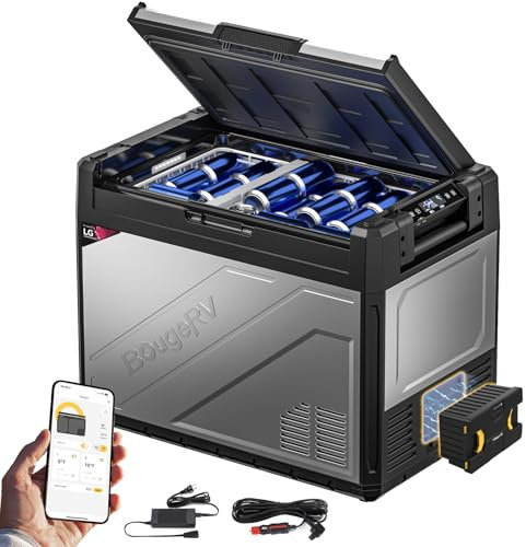 BougeRV Rocky2 65L Glacière à Compression avec Batterie Rechargeable de 173 Wh Frigo Portable 12V 220V Compresseur de 5,7cc Double Zone Voiture Réfrigérateur Congélateur Camping Car Van Bateau -20℃