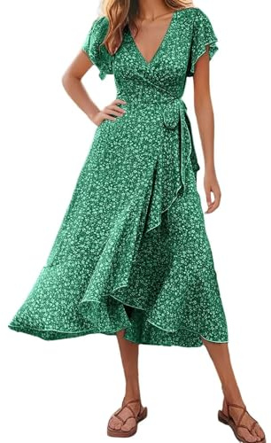 Robe portefeuille élégante pour femme - Robe d'été à volants à manches courtes - Robe d'été légère avec col en V et lacets sur le côté - Robe de plage bohème fluide